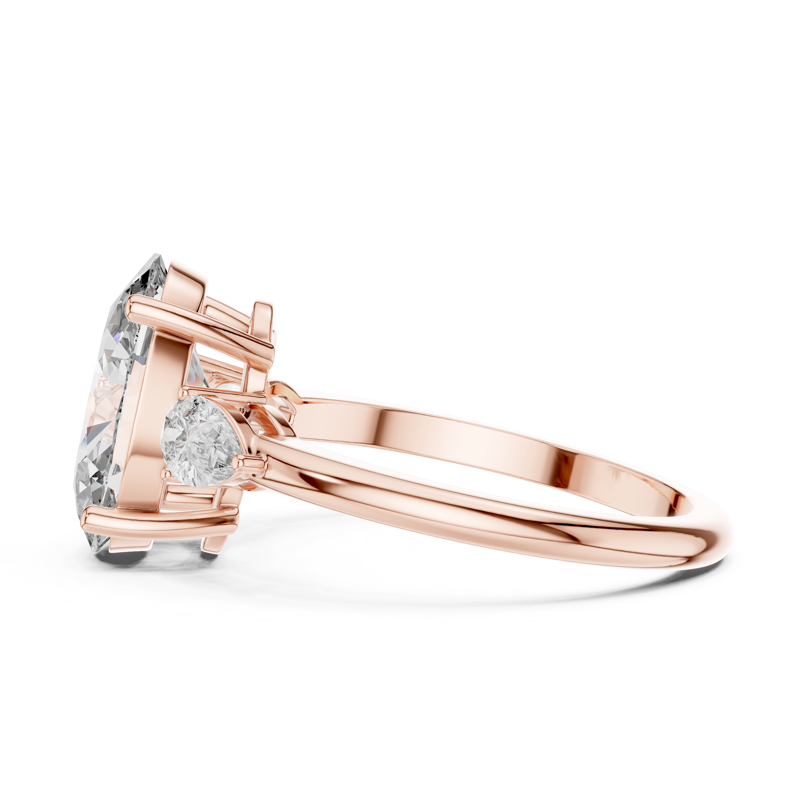 Rose gold ring with a pear-shaped diamond on a white background